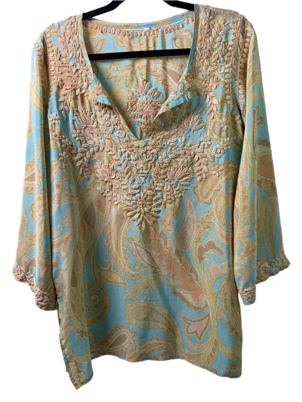 Paisley Embroidered V-Neck Tunic in Light Blue and Beige